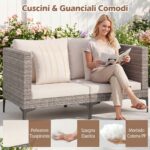 Costway Salotto da giardino esterno 5 pezzi con 2 poltrone 2 poggiapiedi e 1 tavolino, Set di mobili da giardino in rattan Bianco - immagine 12