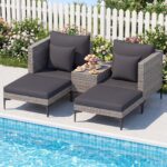 Costway Salotto da giardino esterno 5 pezzi con 2 poltrone 2 poggiapiedi e 1 tavolino, Set di mobili da giardino in rattan Grigio - immagine 3