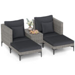 Costway Salotto da giardino esterno 5 pezzi con 2 poltrone 2 poggiapiedi e 1 tavolino, Set di mobili da giardino in rattan Grigio