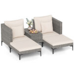 Costway Salotto da giardino esterno 5 pezzi con 2 poltrone 2 poggiapiedi e 1 tavolino, Set di mobili da giardino in rattan Bianco