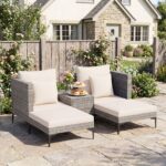 Costway Salotto da giardino esterno 5 pezzi con 2 poltrone 2 poggiapiedi e 1 tavolino, Set di mobili da giardino in rattan Bianco - immagine 2
