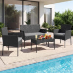 Costway Salotto da giardino in rattan 4 pz con divano poltrone e tavolino vetro, Set esterno con cuscini per balcone terrazzo e patio Grigio - immagine 2