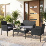 Costway Salotto da giardino in rattan 4 pz con divano poltrone e tavolino vetro, Set esterno con cuscini per balcone terrazzo e patio Grigio - immagine 3