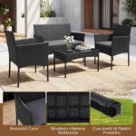 Costway Salotto da giardino in rattan 4 pz con divano poltrone e tavolino vetro, Set esterno con cuscini per balcone terrazzo e patio Grigio - immagine 9