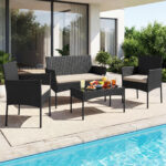 Costway Salotto da giardino in rattan 4 pz con divano poltrone e tavolino vetro, Set esterno con cuscini per balcone terrazzo e patio Beige - immagine 2