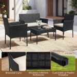 Costway Salotto da giardino in rattan 4 pz con divano poltrone e tavolino vetro, Set esterno con cuscini per balcone terrazzo e patio Beige - immagine 7