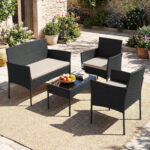 Costway Salotto da giardino in rattan 4 pz con divano poltrone e tavolino vetro, Set esterno con cuscini per balcone terrazzo e patio Beige - immagine 3