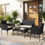 Costway Salotto da giardino in rattan 4 pz con divano poltrone e tavolino vetro, Set esterno con cuscini per balcone terrazzo e patio Beige - immagine 4