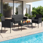 Costway Salotto da giardino in rattan 4 pz con divano poltrone e tavolino vetro, Set esterno con cuscini per balcone terrazzo e patio Nero - immagine 4