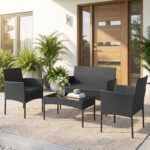 Costway Salotto da giardino in rattan 4 pz con divano poltrone e tavolino vetro, Set esterno con cuscini per balcone terrazzo e patio Nero - immagine 2