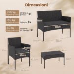 Costway Salotto da giardino in rattan 4 pz con divano poltrone e tavolino vetro, Set esterno con cuscini per balcone terrazzo e patio Nero - immagine 5