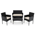 Costway Salotto da giardino in rattan 4 pz con divano poltrone e tavolino vetro, Set esterno con cuscini per balcone terrazzo e patio Beige