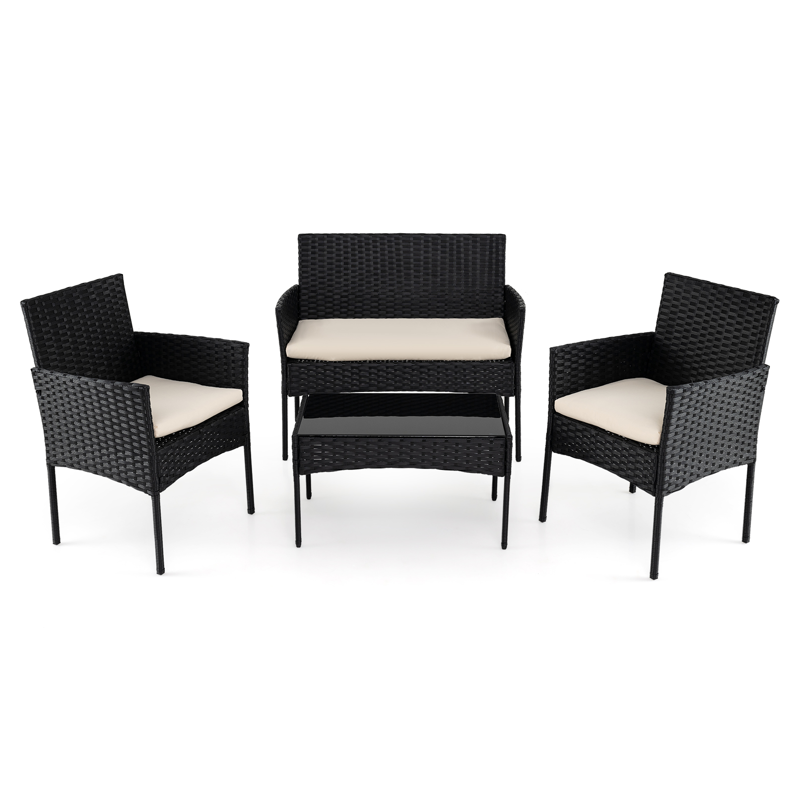 Salotto-da-giardino-in-rattan-4-pz-con-divano-poltrone-e-tavolino-vetro-mediaId103573530-1773195471.jpg Costway Salotto da giardino in rattan 4 pz con divano poltrone e tavolino vetro, Set esterno con cuscini per balcone terrazzo e patio Beige - immagine 1