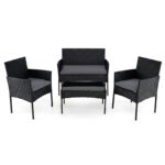 Costway Salotto da giardino in rattan 4 pz con divano poltrone e tavolino vetro, Set esterno con cuscini per balcone terrazzo e patio Grigio