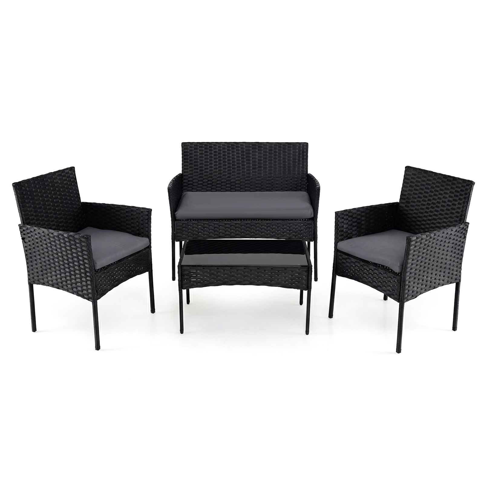 Salotto-da-giardino-in-rattan-4-pz-con-divano-poltrone-e-tavolino-vetro-mediaId103573533-1773195466.jpg Costway Salotto da giardino in rattan 4 pz con divano poltrone e tavolino vetro, Set esterno con cuscini per balcone terrazzo e patio Grigio - immagine 1
