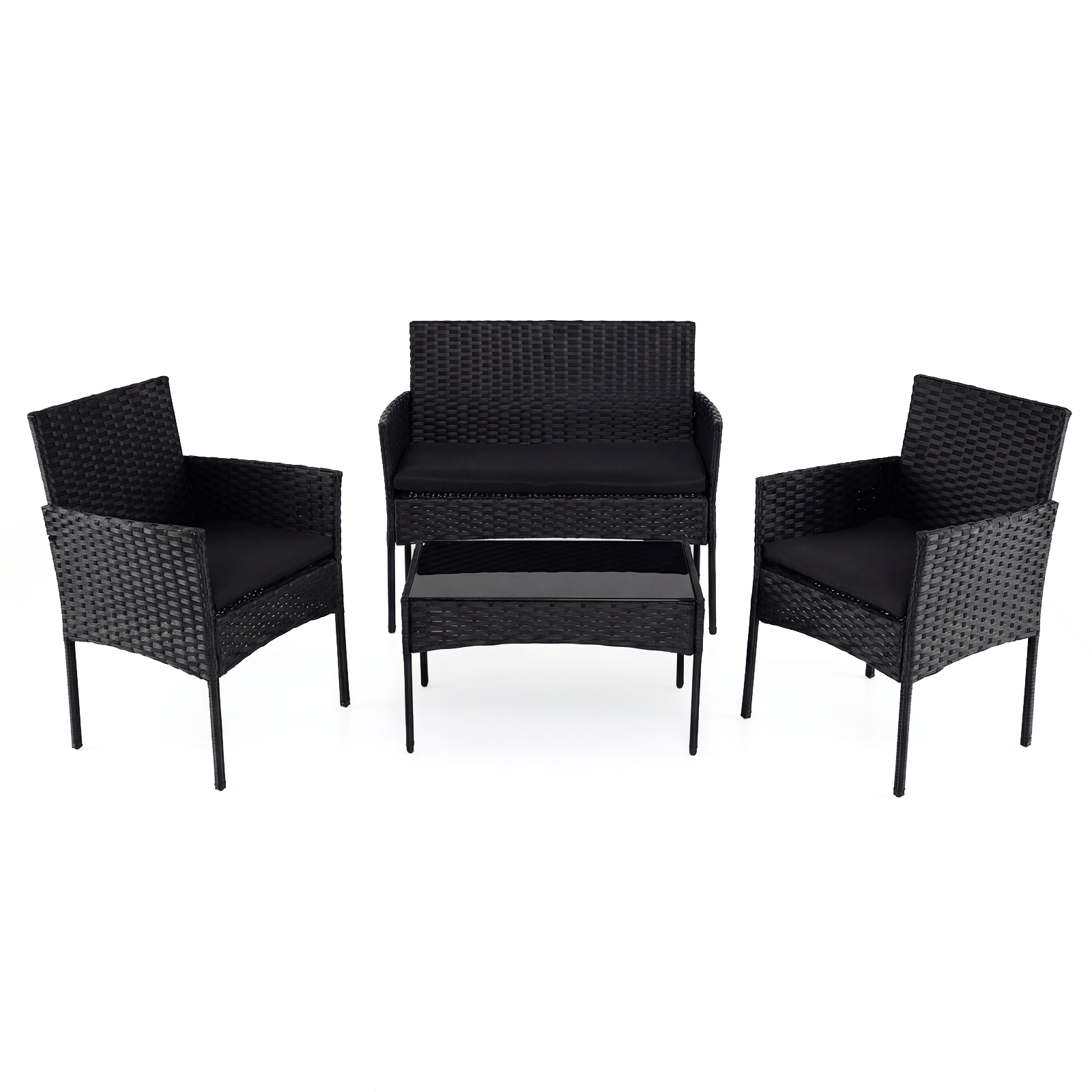 Salotto-da-giardino-in-rattan-4-pz-con-divano-poltrone-e-tavolino-vetro-mediaId103770870-1773195480.jpg Costway Salotto da giardino in rattan 4 pz con divano poltrone e tavolino vetro, Set esterno con cuscini per balcone terrazzo e patio Nero - immagine 1