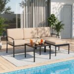 Costway Salotto da giardino a 3 posti modulare L chaise longue tavolino, Set esterno cuscini imbottiti telaio metallo terrazza Cachi - immagine 2