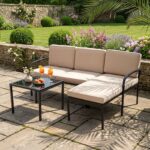 Costway Salotto da giardino a 3 posti modulare L chaise longue tavolino, Set esterno cuscini imbottiti telaio metallo terrazza Cachi - immagine 3