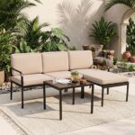 Costway Salotto da giardino a 3 posti modulare L chaise longue tavolino, Set esterno cuscini imbottiti telaio metallo terrazza Cachi - immagine 4