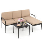 Costway Salotto da giardino a 3 posti modulare L chaise longue tavolino, Set esterno cuscini imbottiti telaio metallo terrazza Cachi