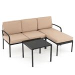 Costway Salotto da giardino a 3 posti modulare L chaise longue tavolino, Set esterno cuscini imbottiti telaio metallo terrazza Cachi - immagine 5