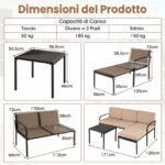 Costway Salotto da giardino a 3 posti modulare L chaise longue tavolino, Set esterno cuscini imbottiti telaio metallo terrazza Cachi - immagine 6