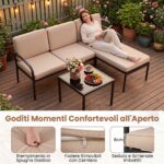 Costway Salotto da giardino a 3 posti modulare L chaise longue tavolino, Set esterno cuscini imbottiti telaio metallo terrazza Cachi - immagine 7