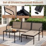 Costway Salotto da giardino a 3 posti modulare L chaise longue tavolino, Set esterno cuscini imbottiti telaio metallo terrazza Cachi - immagine 8