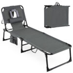 Costway Sdraio giardino pieghevole con schienale regolabile in 4 posizioni, Sedia a sdraio portatile con cusini e tasche laterali Grigio - immagine 4
