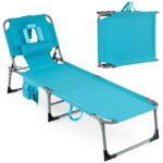 Costway Sdraio giardino pieghevole con schienale regolabile in 4 posizioni, Sedia a sdraio portatile con cusini e tasche laterali Turchese - immagine 4