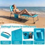 Costway Sdraio giardino pieghevole con schienale regolabile in 4 posizioni, Sedia a sdraio portatile con cusini e tasche laterali Turchese - immagine 6
