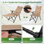 Costway Sdraio pieghevole con poggiapiedi schienale regolabile e poggiatesta, Sdraio da campeggio tasca 150kg spiaggia e giardino Kaki - immagine 10