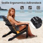 Costway Sedia Adirondack da patio in legno di acacia con seduta inclinata e schienale alto, Poltrona ergonomica a doghe per veranda cortile e piscina Nero - immagine 7