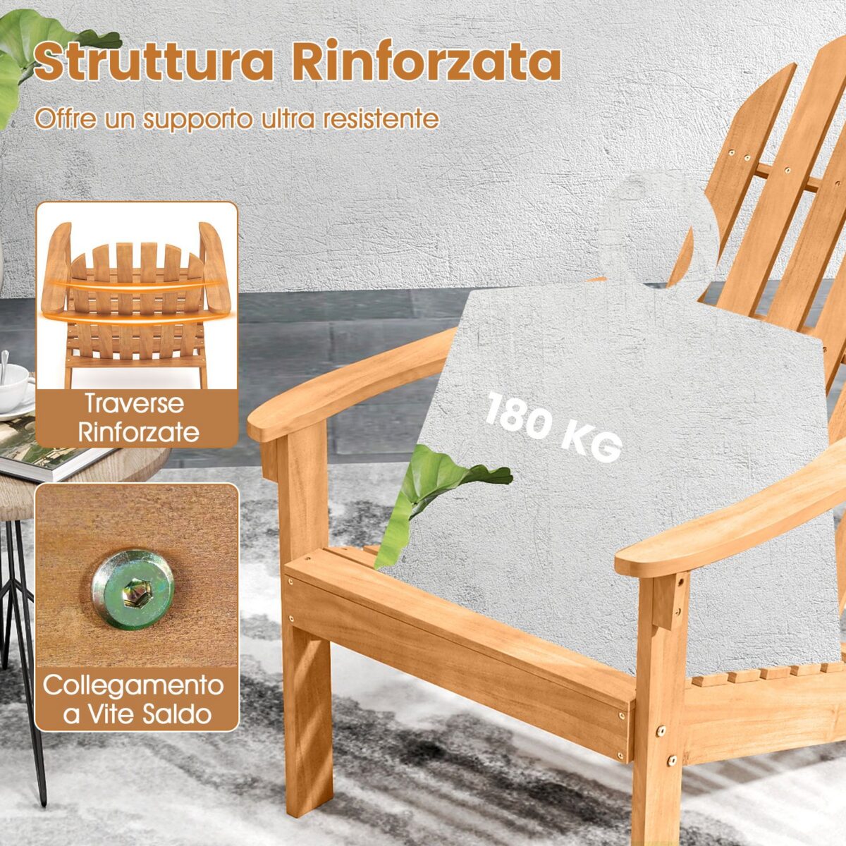 Costway Sedia Adirondack da patio in legno di acacia con seduta inclinata e schienale alto, Poltrona ergonomica a doghe per veranda cortile e piscina Naturale - immagine 6