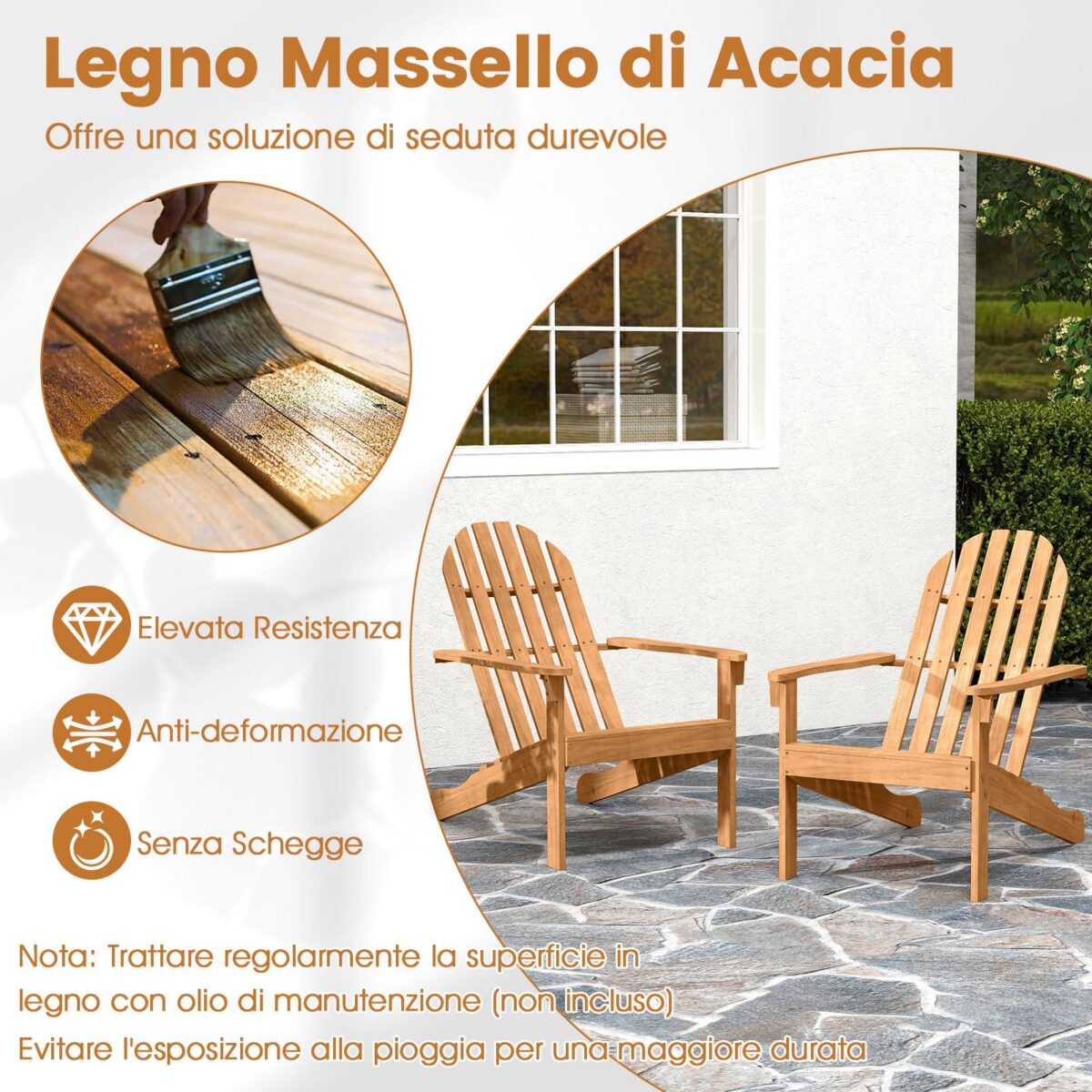 Costway Sedia Adirondack da patio in legno di acacia con seduta inclinata e schienale alto, Poltrona ergonomica a doghe per veranda cortile e piscina Naturale - immagine 7