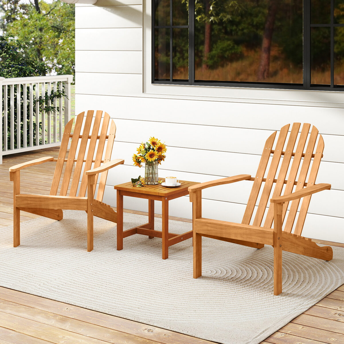 Costway Sedia Adirondack da patio in legno di acacia con seduta inclinata e schienale alto, Poltrona ergonomica a doghe per veranda cortile e piscina Naturale - immagine 3