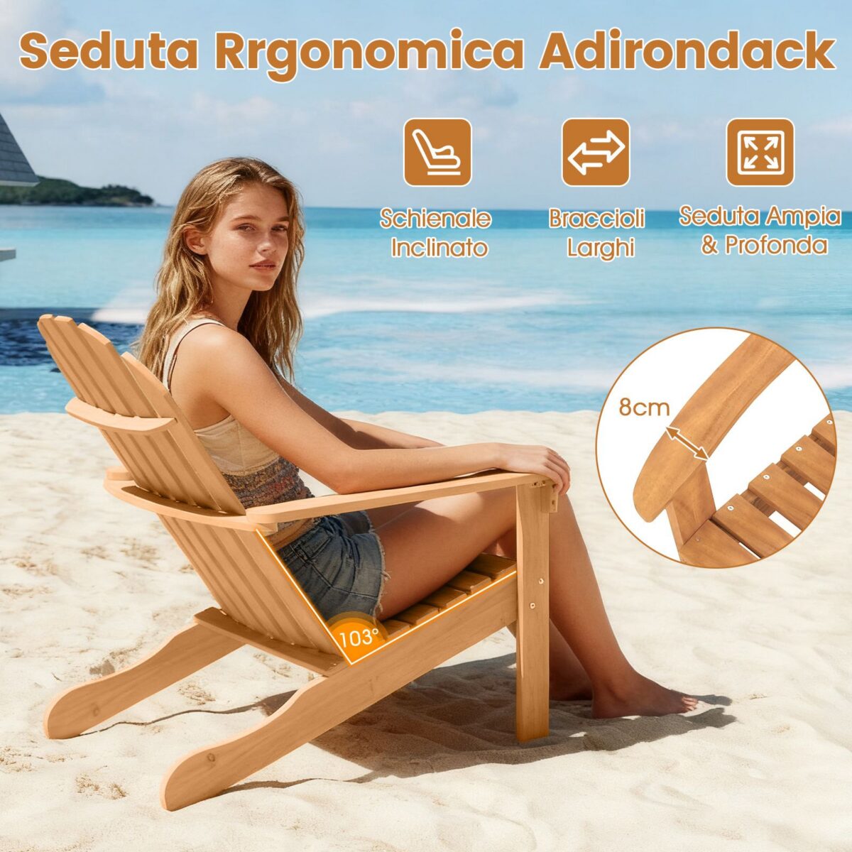 Costway Sedia Adirondack da patio in legno di acacia con seduta inclinata e schienale alto, Poltrona ergonomica a doghe per veranda cortile e piscina Naturale - immagine 8