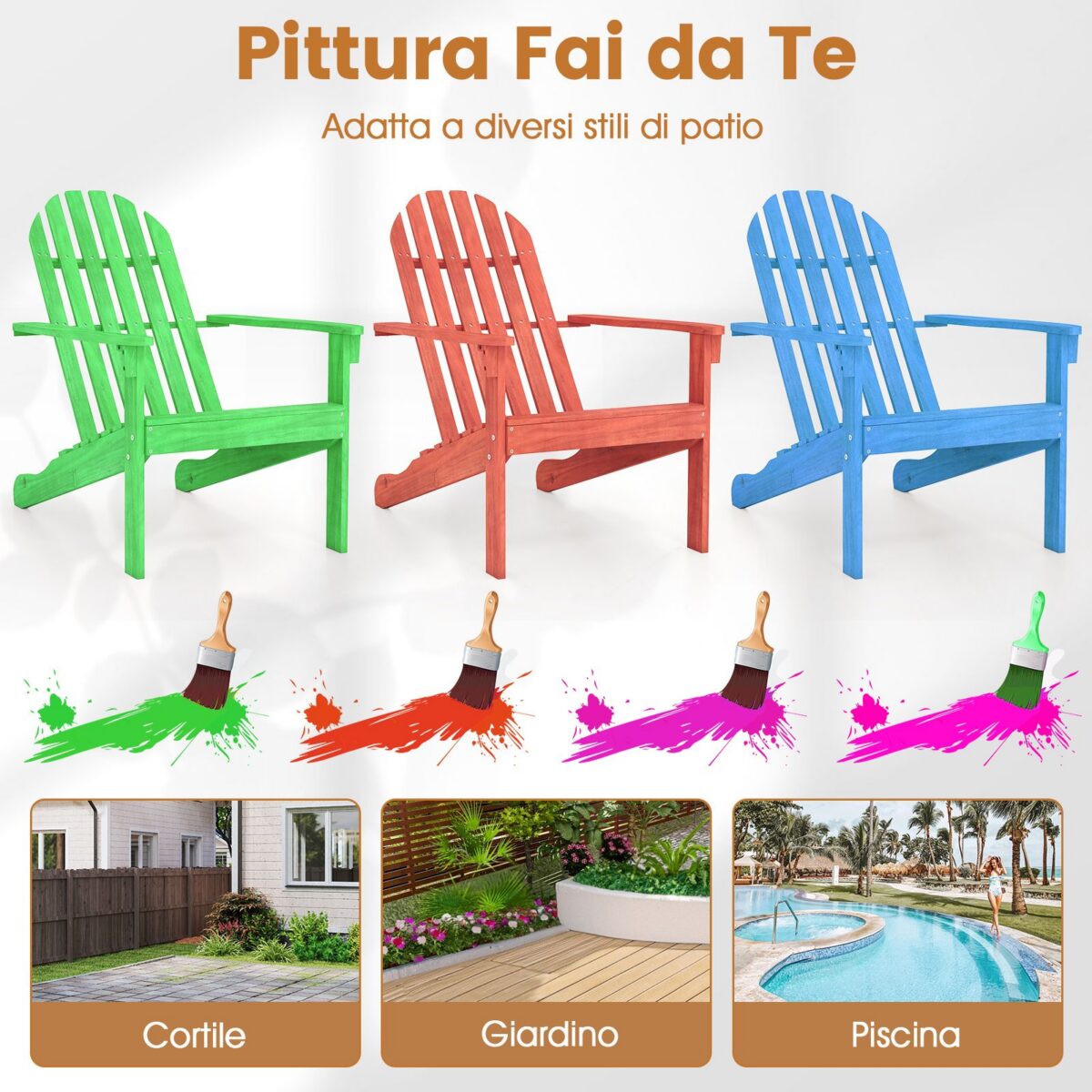 Costway Sedia Adirondack da patio in legno di acacia con seduta inclinata e schienale alto, Poltrona ergonomica a doghe per veranda cortile e piscina Naturale - immagine 9