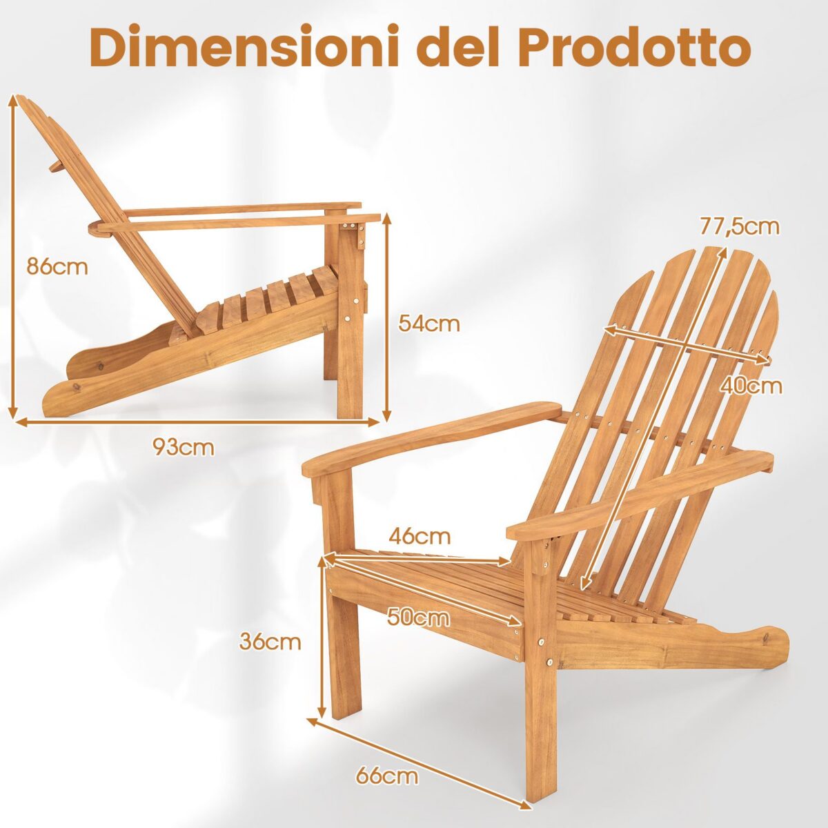 Costway Sedia Adirondack da patio in legno di acacia con seduta inclinata e schienale alto, Poltrona ergonomica a doghe per veranda cortile e piscina Naturale - immagine 5