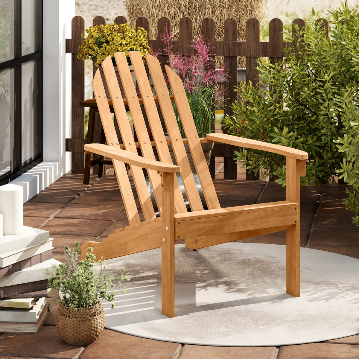 Costway Sedia Adirondack da patio in legno di acacia con seduta inclinata e schienale alto, Poltrona ergonomica a doghe per veranda cortile e piscina Naturale - immagine 2