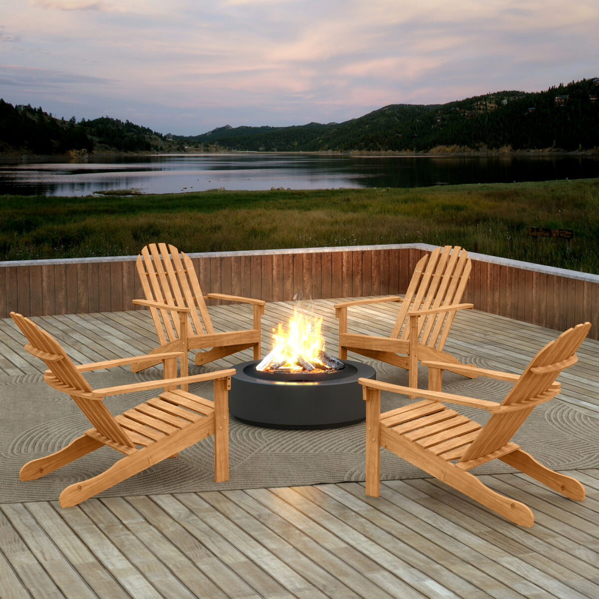 Costway Sedia Adirondack da patio in legno di acacia con seduta inclinata e schienale alto, Poltrona ergonomica a doghe per veranda cortile e piscina Naturale - immagine 4
