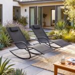 Costway Sedia a dondolo da esterno con poggiatesta rimovibile e tessuto traspirante, Sedia a sdraio da giardino portata 160 kg Nero - immagine 4
