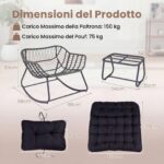 Costway Sedia a dondolo in rattan da interno ed esterno portata 150 kg, Poltrona a dondolo con poggiapiedi e cuscini rimovibili Nero - immagine 5