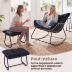 Costway Sedia a dondolo in rattan da interno ed esterno portata 150 kg, Poltrona a dondolo con poggiapiedi e cuscini rimovibili Nero - immagine 8