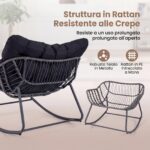 Costway Sedia a dondolo in rattan da interno ed esterno portata 150 kg, Poltrona a dondolo con poggiapiedi e cuscini rimovibili Nero - immagine 9
