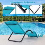Costway Sedia a sdraio da esterno con poggiatesta rimovibile, Lettino prendisole da spiaggia con struttura curva ergonomica portata 160 kg 2 Pezzi Blu - immagine 7