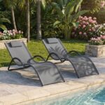 Costway Sedia a sdraio da esterno con poggiatesta rimovibile, Lettino prendisole da spiaggia con struttura curva ergonomica portata 160 kg 2 Pezzi Grigio - immagine 3