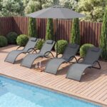 Costway Sedia a sdraio da esterno con poggiatesta rimovibile, Lettino prendisole da spiaggia con struttura curva ergonomica portata 160 kg 2 Pezzi Grigio - immagine 2