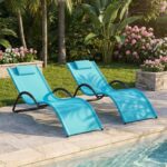 Costway Sedia a sdraio da esterno con poggiatesta rimovibile, Lettino prendisole da spiaggia con struttura curva ergonomica portata 160 kg 2 Pezzi Blu - immagine 3