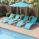 Costway Sedia a sdraio da esterno con poggiatesta rimovibile, Lettino prendisole da spiaggia con struttura curva ergonomica portata 160 kg 2 Pezzi Blu - immagine 2